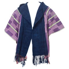 MORPHEW COLLECTION Pink & Blue Indigo Cotton African Blanket Hooded Poncho