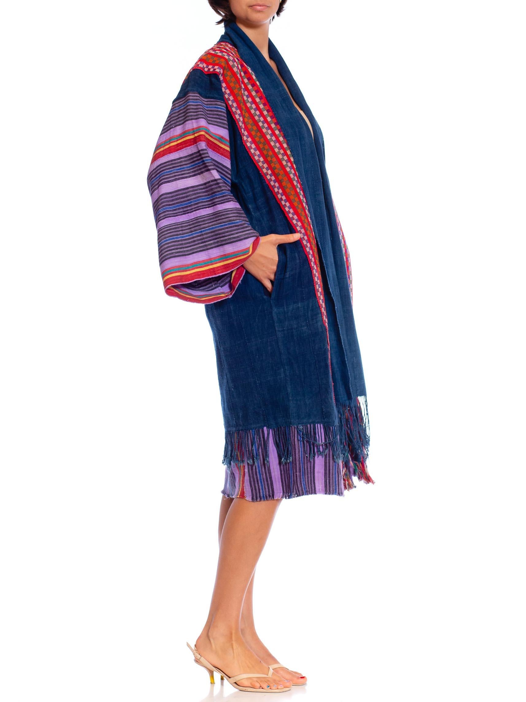 Black MORPHEW COLLECTION African Indigo Cotton Duster Beach Coat With Handwoven Guate For Sale
