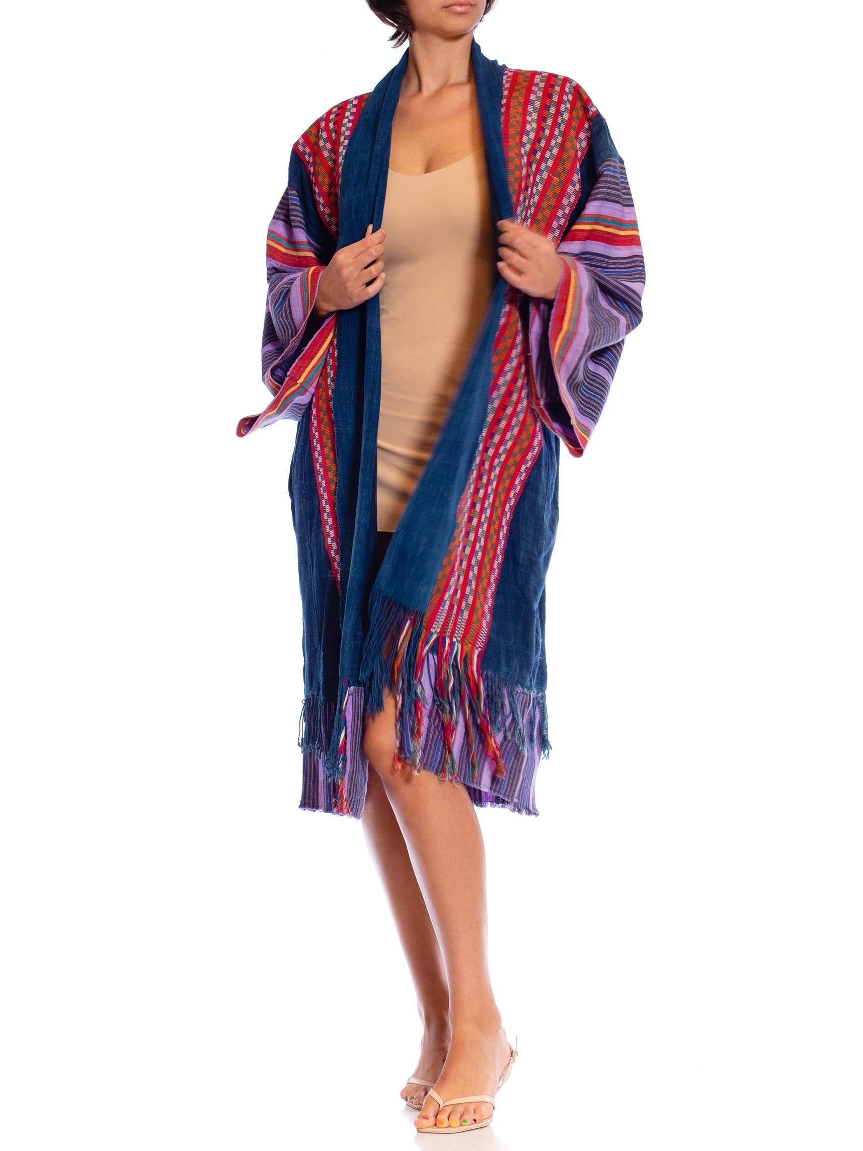 MORPHEW COLLECTION African Indigo Cotton Duster Beach Coat With Handwoven Guate In Excellent Condition For Sale In New York, NY