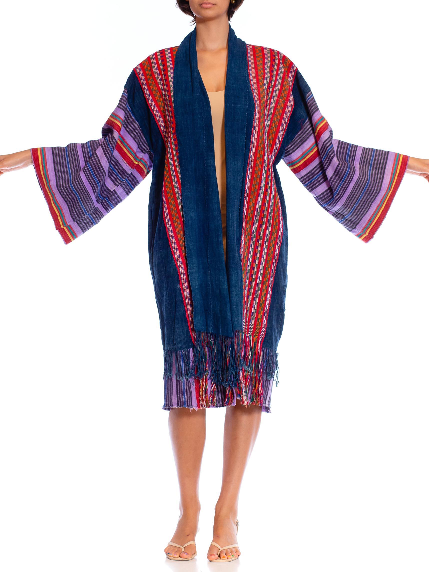 Women's or Men's MORPHEW COLLECTION African Indigo Cotton Duster Beach Coat With Handwoven Guate For Sale