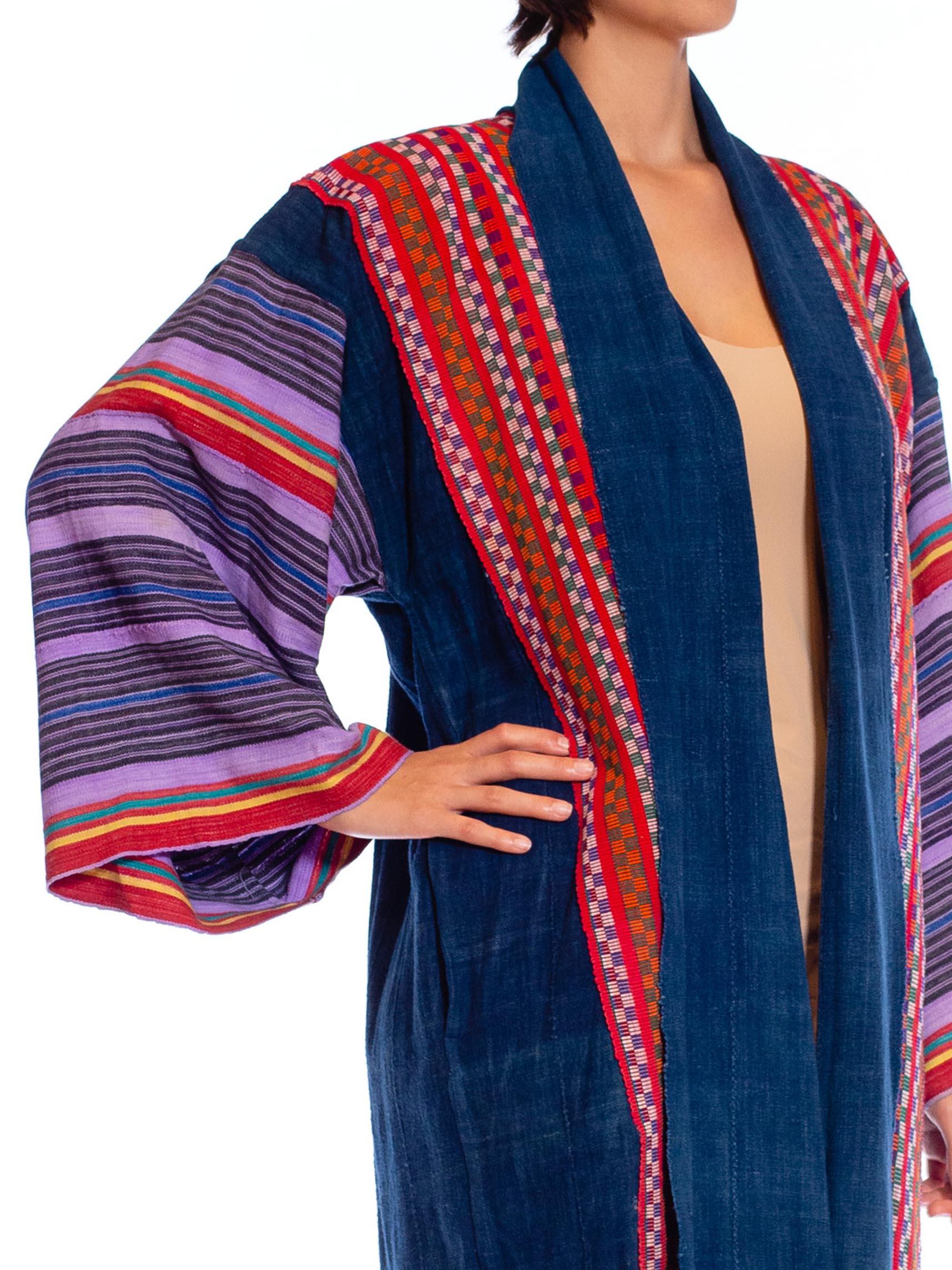 MORPHEW COLLECTION African Indigo Cotton Duster Beach Coat With Handwoven Guate For Sale 2