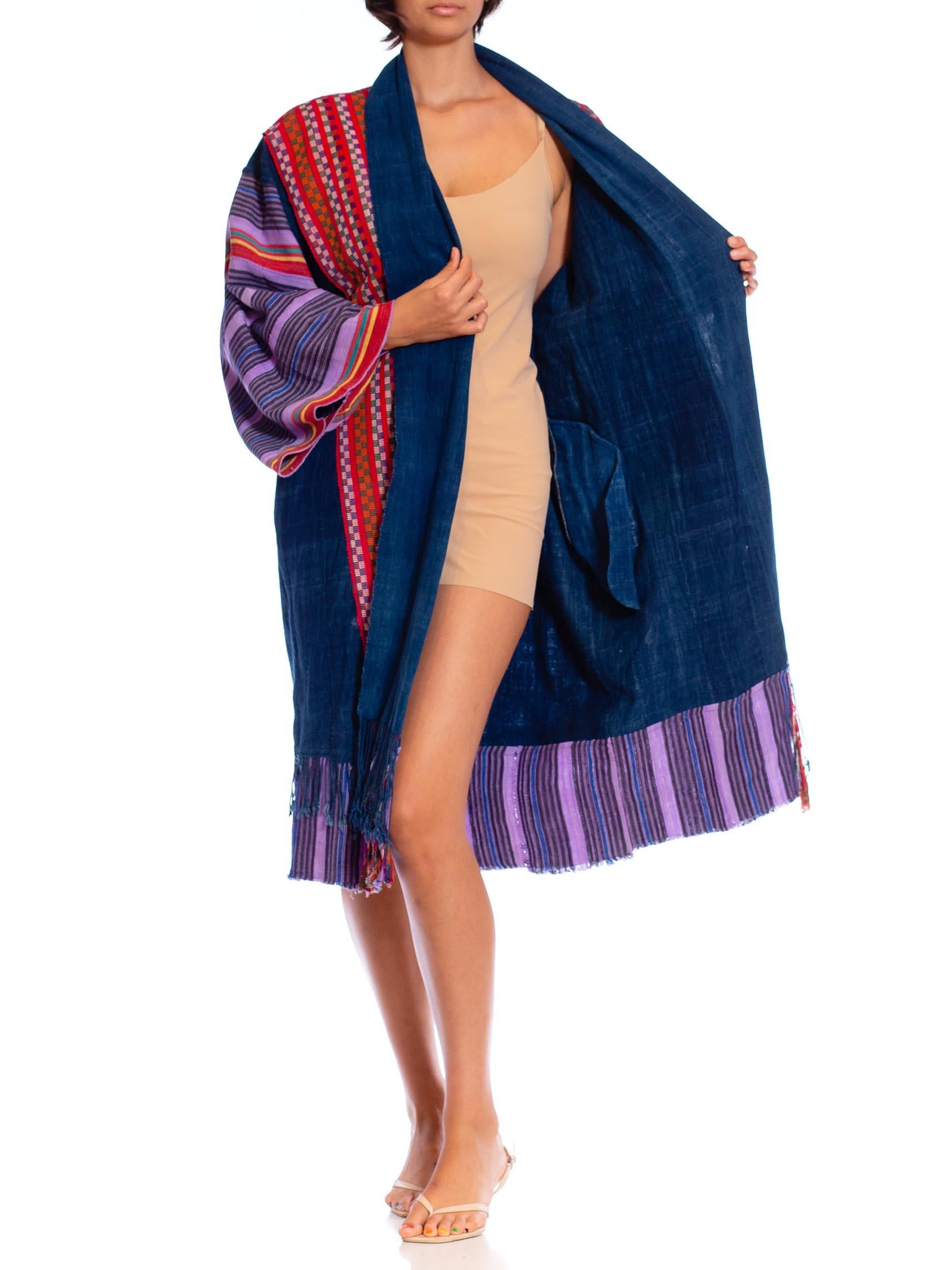 MORPHEW COLLECTION African Indigo Cotton Duster Beach Coat With Handwoven Guate For Sale 4