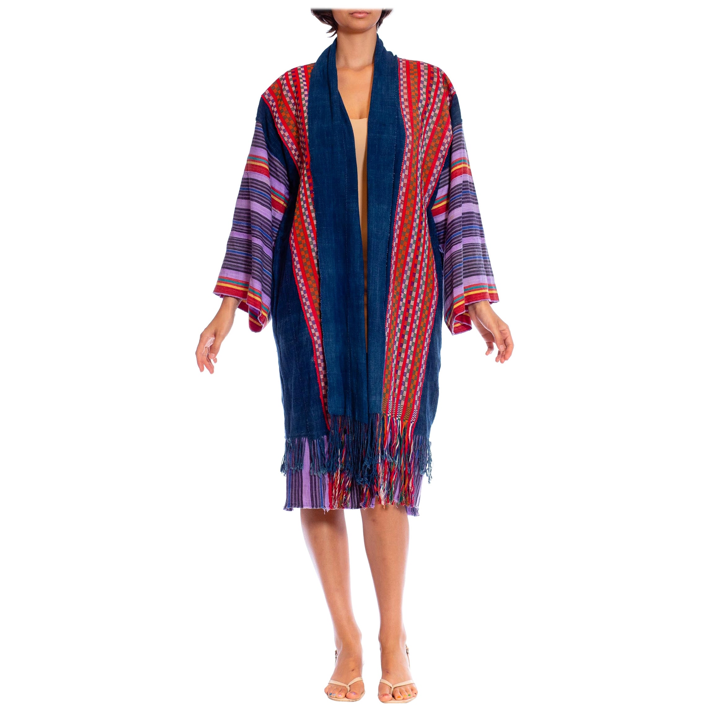 MC African Indigo Cotton Duster Beach Coat With Handwoven Guate For Sale