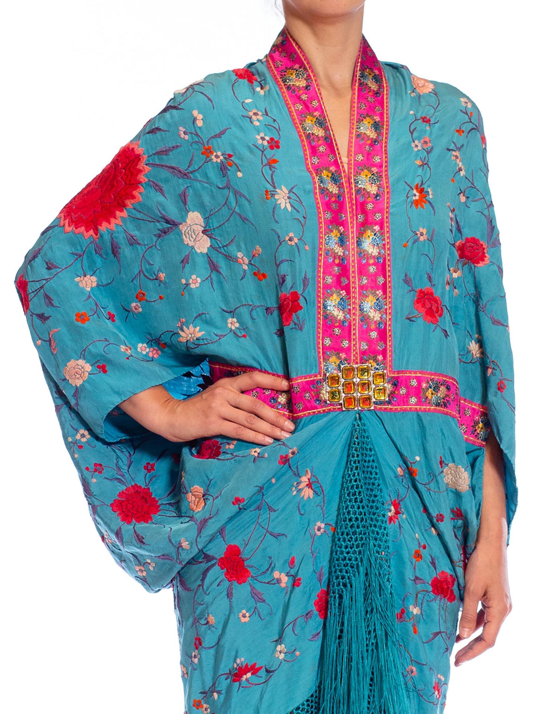 MORPHEW COLLECTION Aqua Blue & Pink Silk Embroidered Floral Cocoon With Fringe  For Sale 6