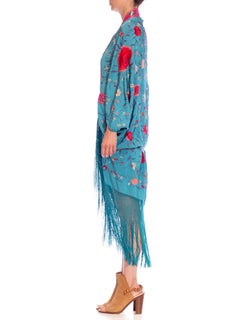 MORPHEW COLLECTION Aqua Blue & Pink Silk Embroidered Floral Cocoon With Fringe