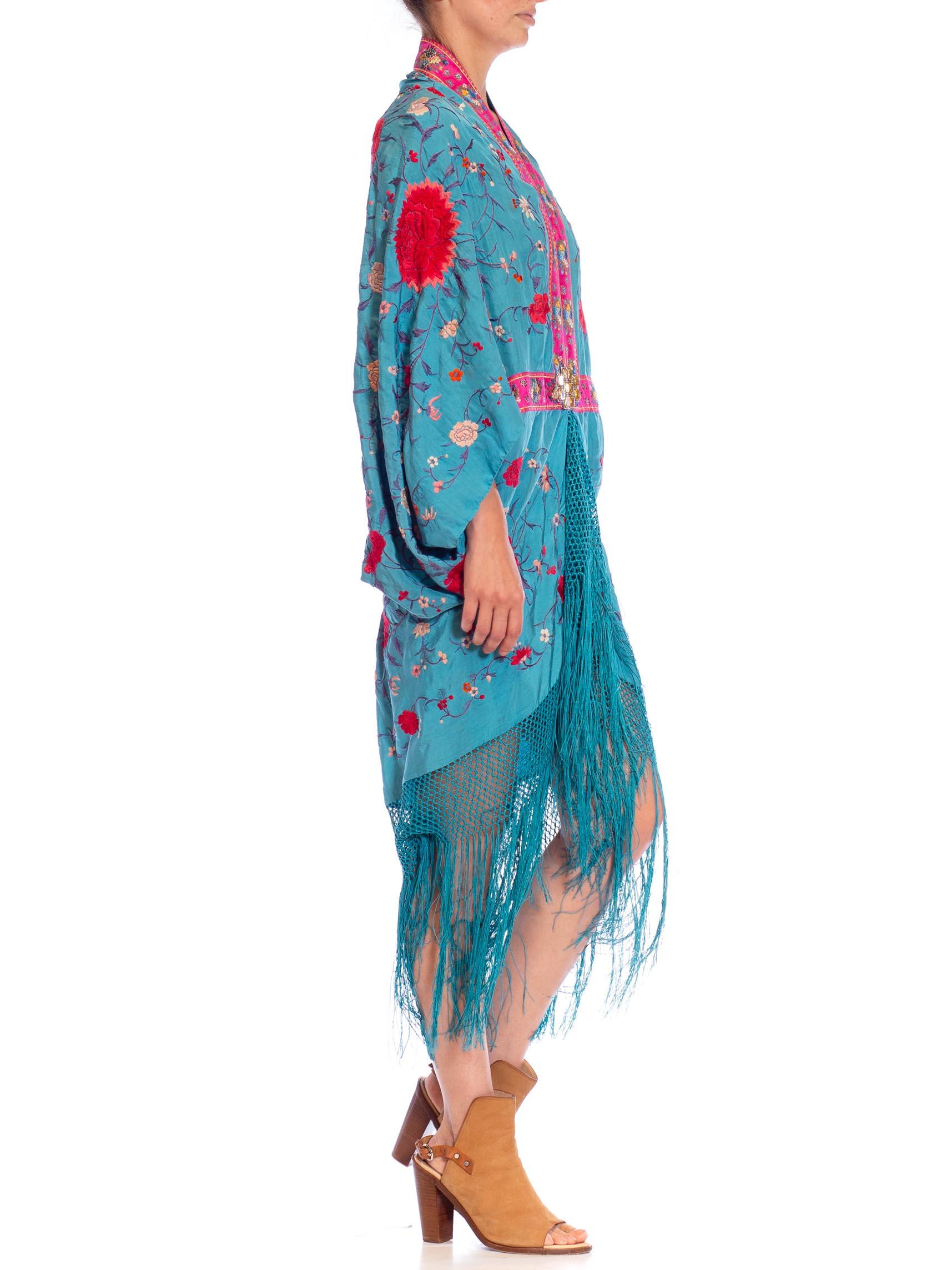 MORPHEW COLLECTION Aqua Blue & Pink Silk Embroidered Floral Cocoon With Fringe  In Excellent Condition For Sale In New York, NY