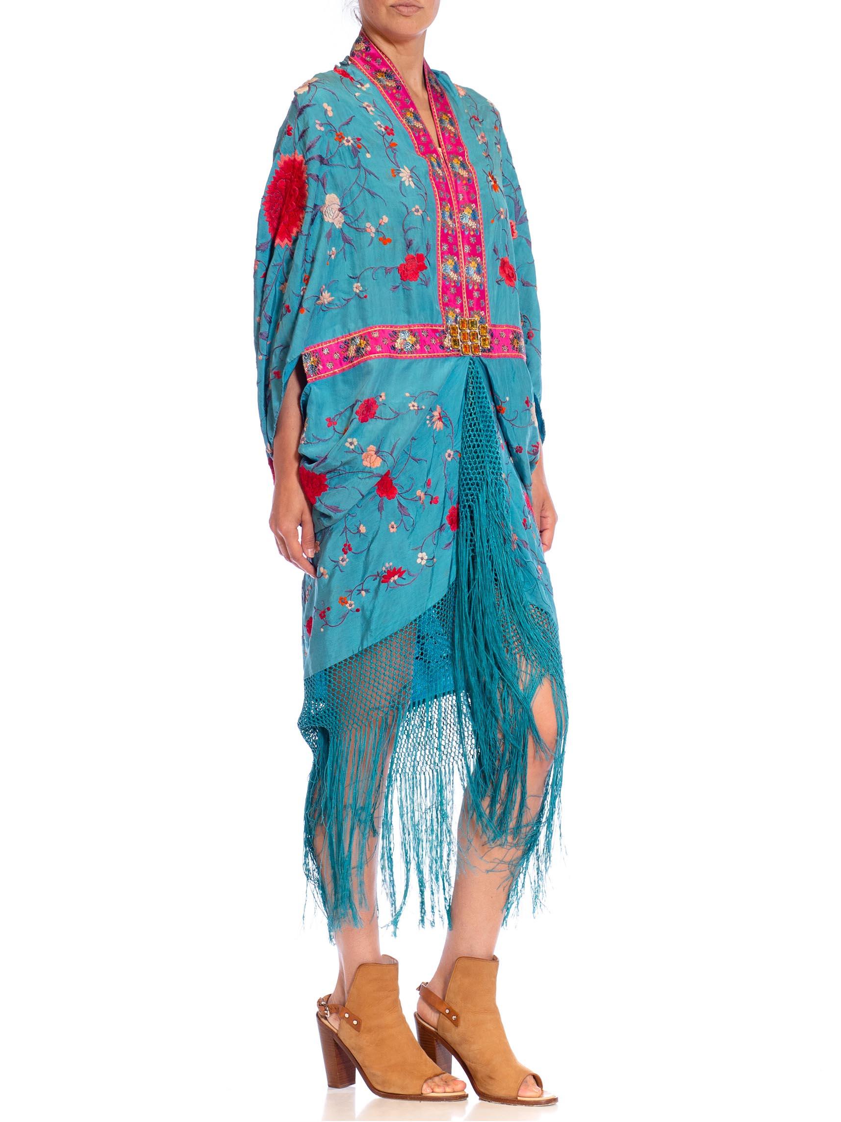 Women's MORPHEW COLLECTION Aqua Blue & Pink Silk Embroidered Floral Cocoon With Fringe  For Sale