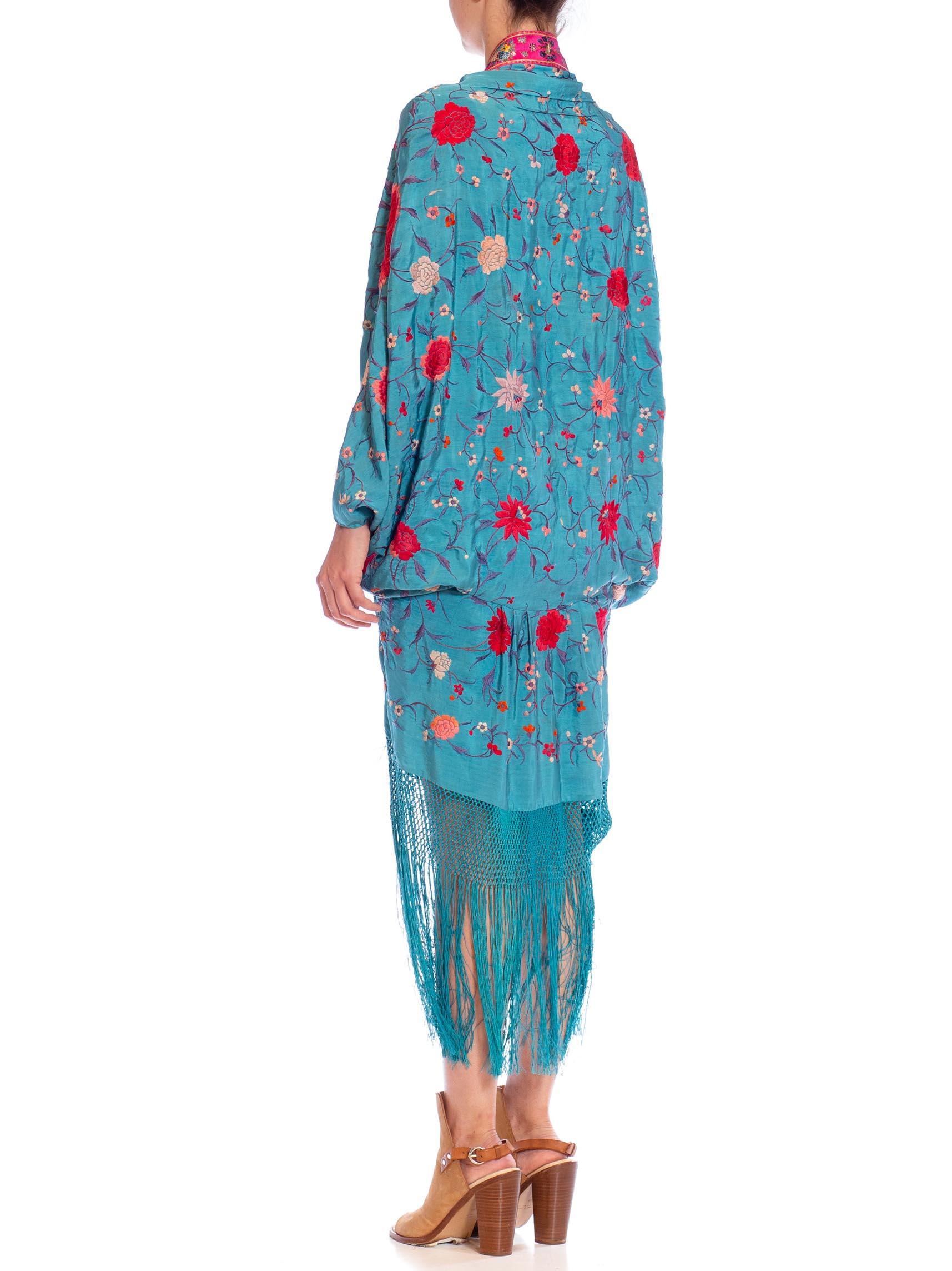 MORPHEW COLLECTION Aqua Blue & Pink Silk Embroidered Floral Cocoon With Fringe  For Sale 1