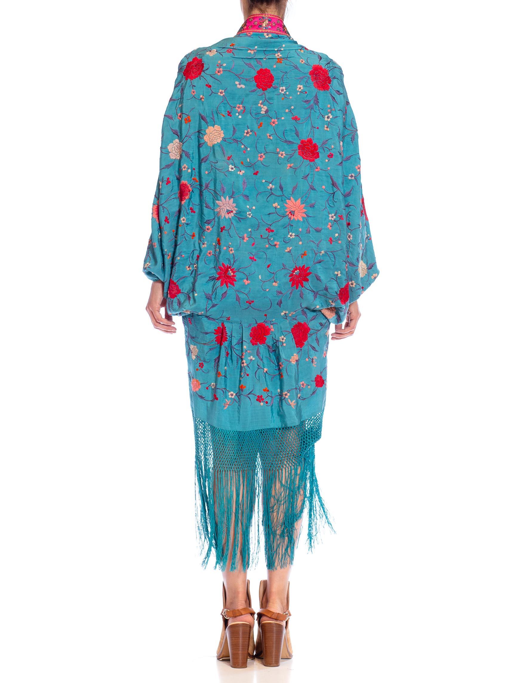 MORPHEW COLLECTION Aqua Blue & Pink Silk Embroidered Floral Cocoon With Fringe  For Sale 2