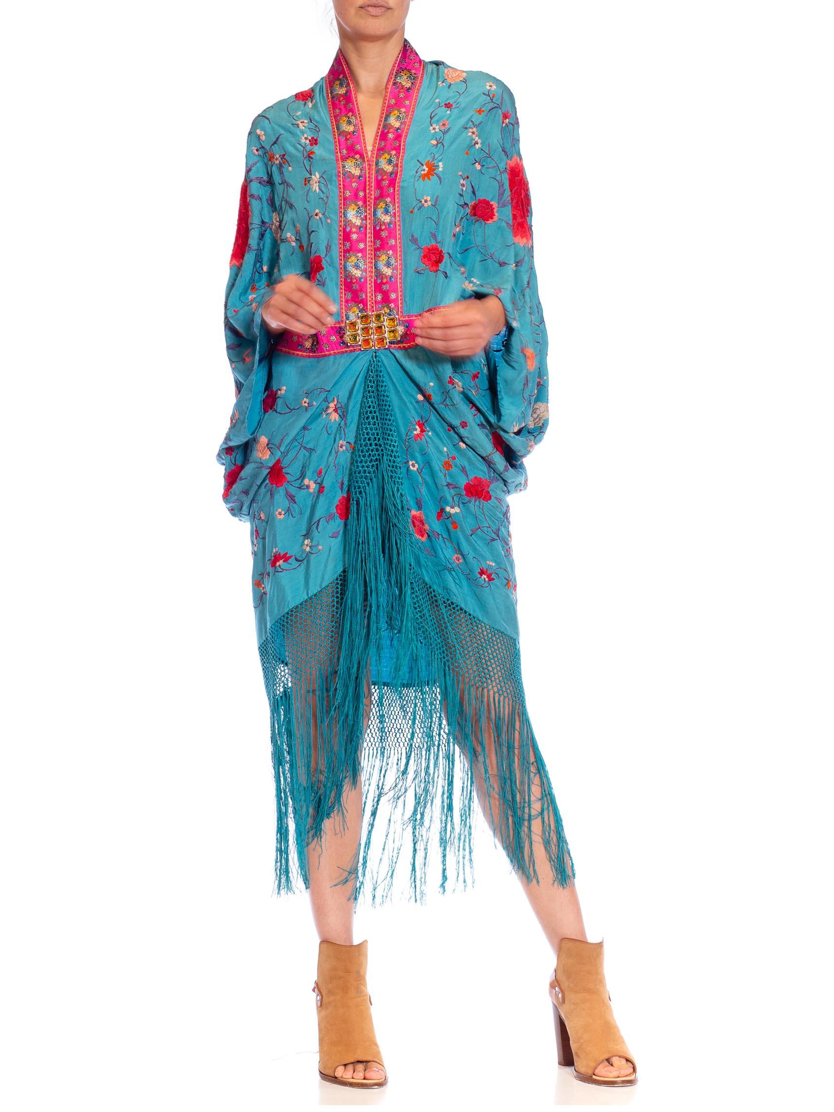 MORPHEW COLLECTION Aqua Blue & Pink Silk Embroidered Floral Cocoon With Fringe  For Sale 3