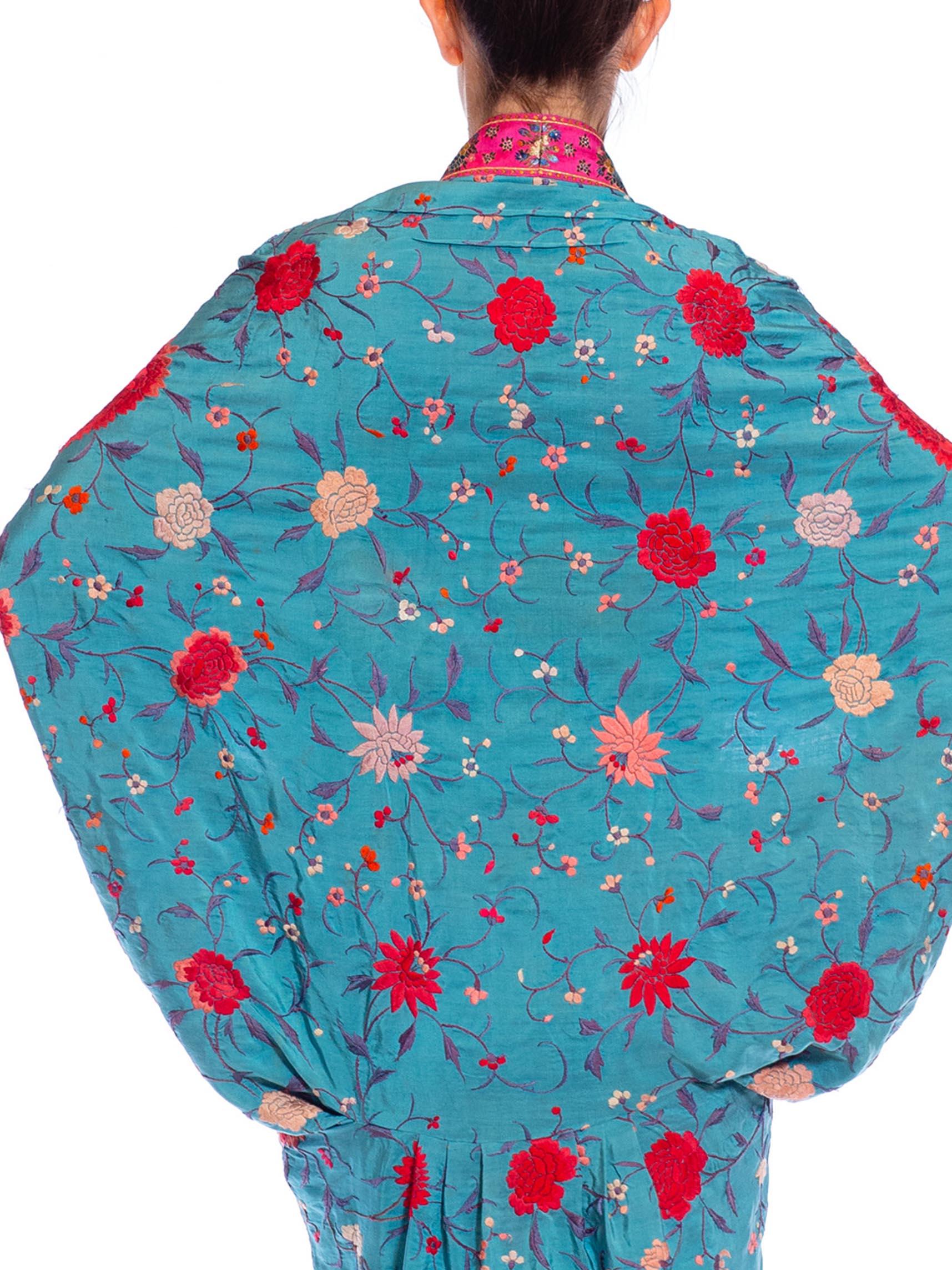 MORPHEW COLLECTION Aqua Blue & Pink Silk Embroidered Floral Cocoon With Fringe  For Sale 4