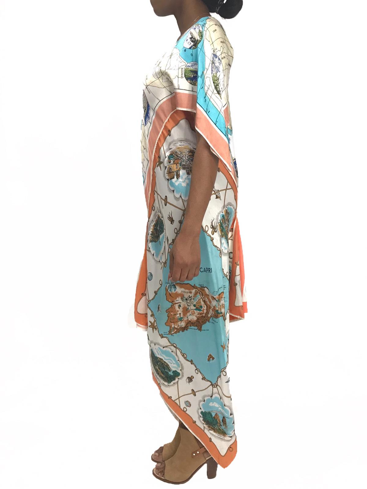 MORPHEW COLLECTION Aqua  & Peach Mediterranean Print Bias Cut Kaftan Dress Made From 1950’S Scarves