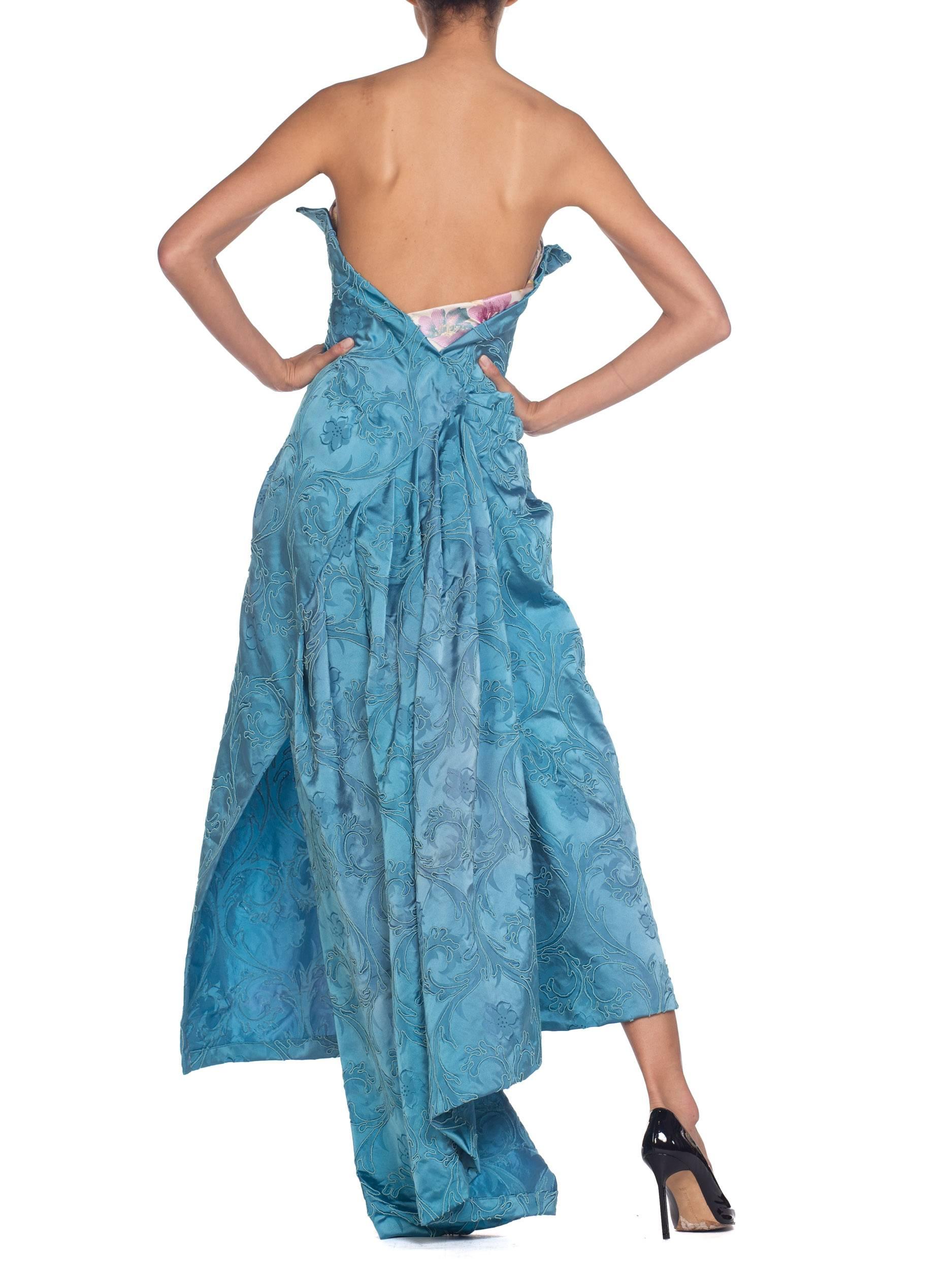 MORPHEW COLLECTION Aquamarine Blue Rayon & Silk Damask Strapless Asymmetrical G In Excellent Condition For Sale In New York, NY