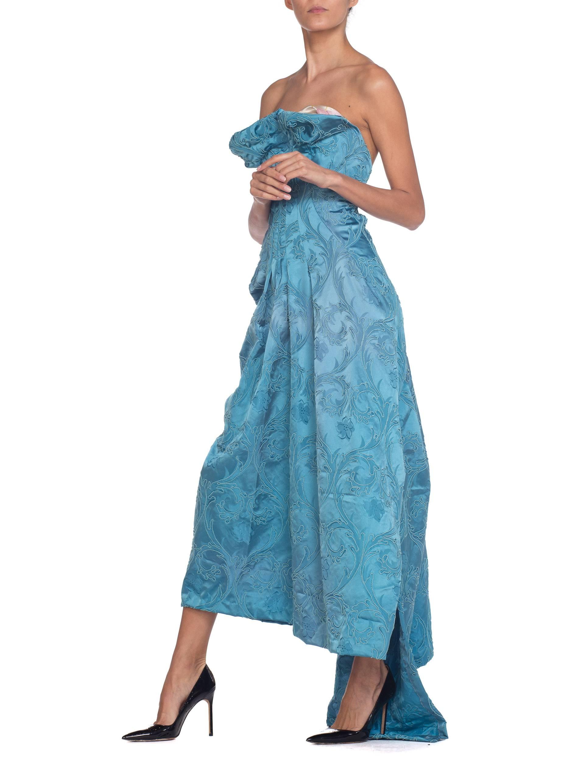 MORPHEW COLLECTION Aquamarine Blue Rayon & Silk Damask Strapless Asymmetrical G For Sale 1