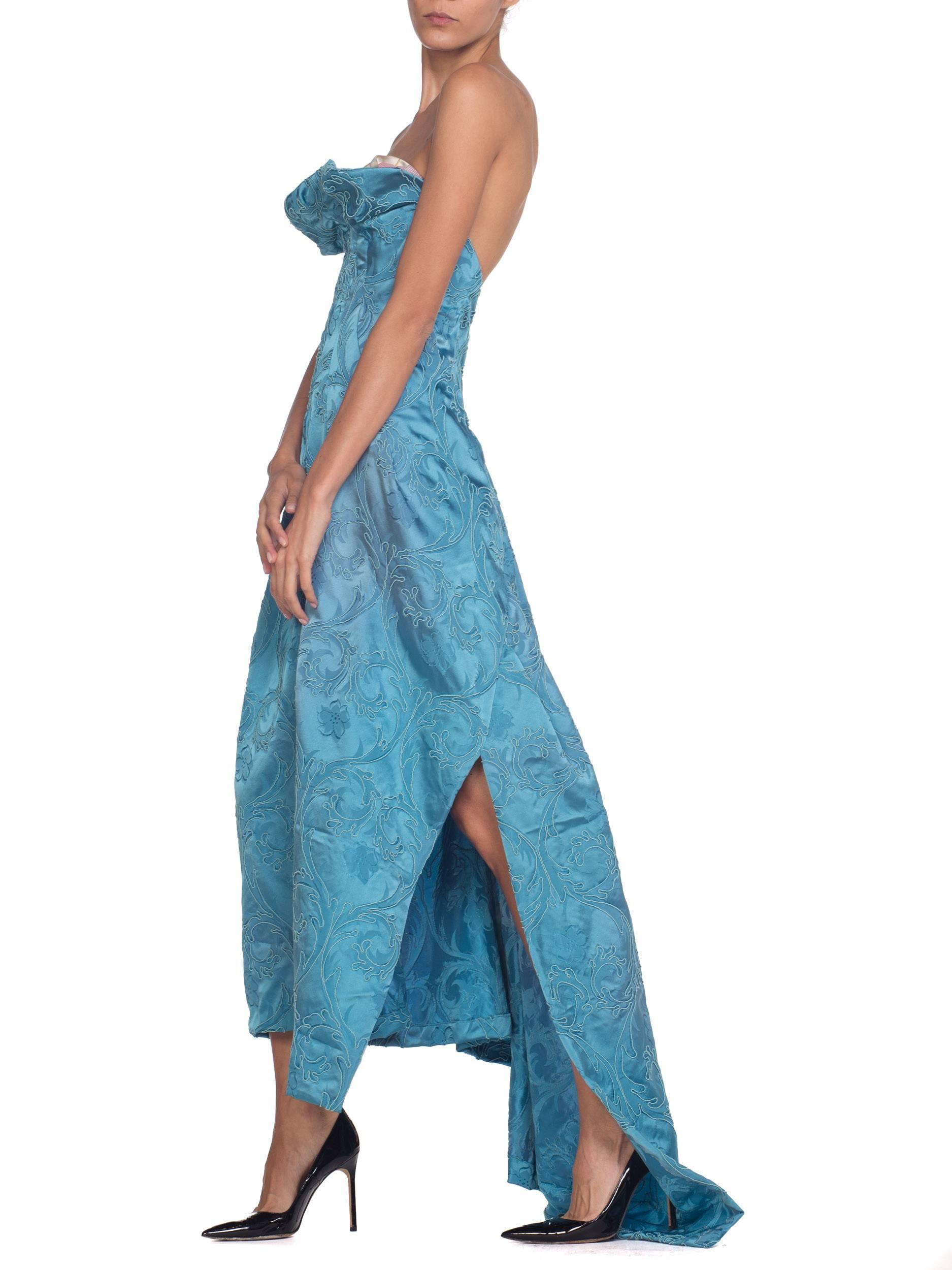 MORPHEW COLLECTION Aquamarine Blue Rayon & Silk Damask Strapless Asymmetrical G For Sale 2