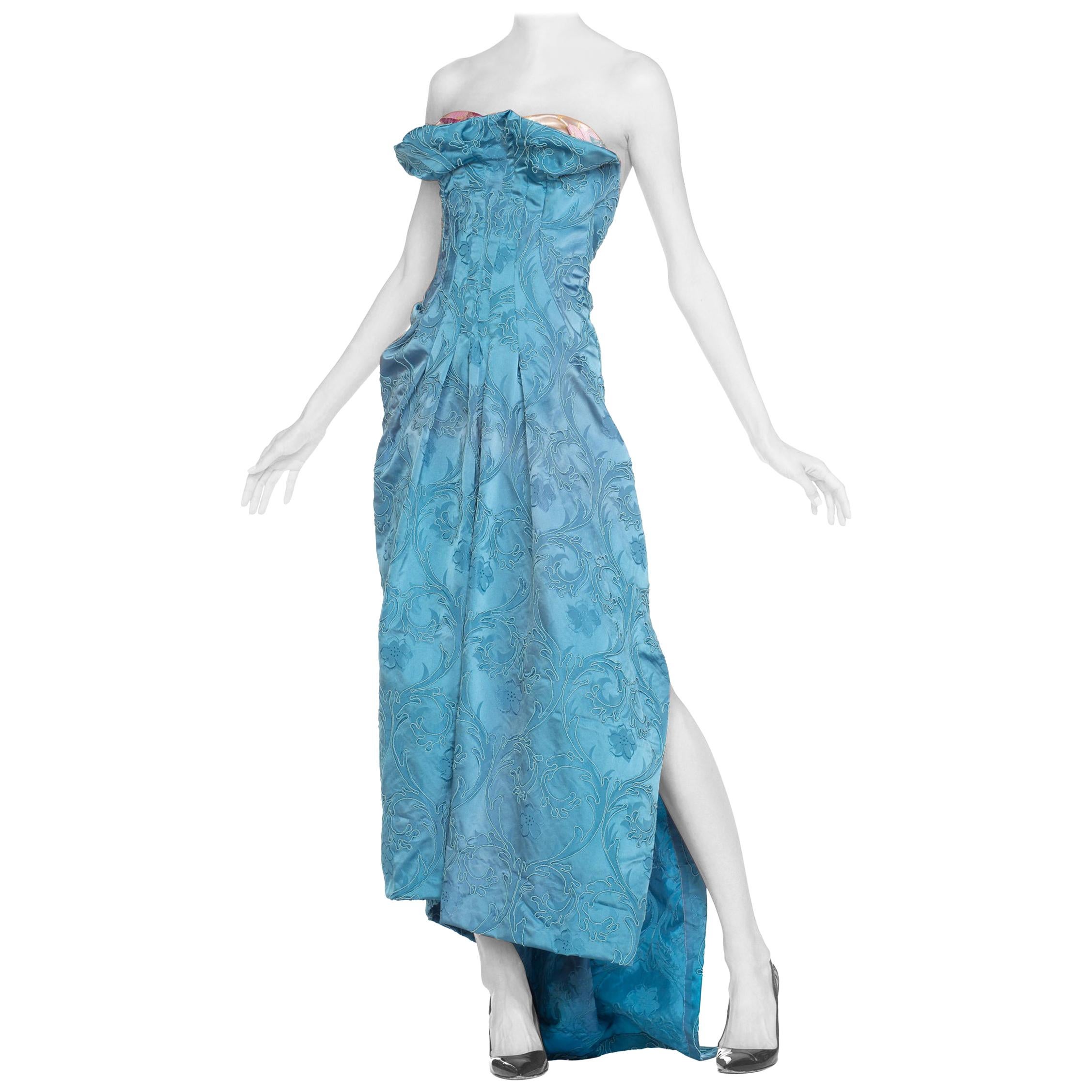 MORPHEW COLLECTION Aquamarine Blue Rayon & Silk Damask Strapless Asymmetrical G For Sale