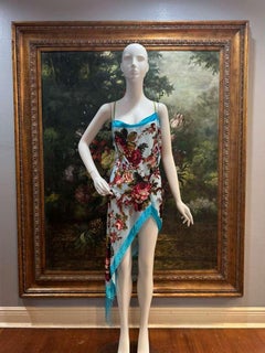 MORPHEW COLLECTION Vestito da cocktail in velluto blu azzurro con frange e fiori burnout