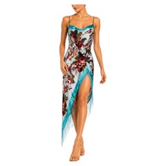 MORPHEW COLLECTION Vestito da cocktail in velluto blu azzurro con frange e fiori burnout