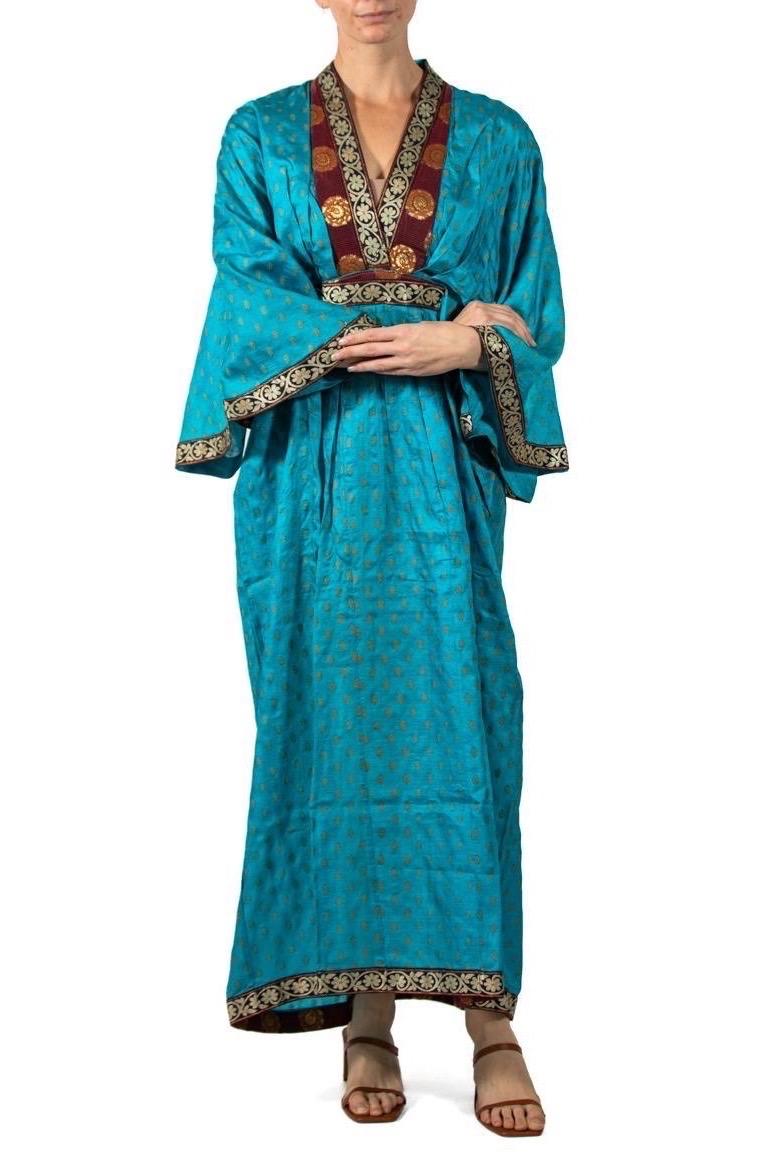 Morphew Collection Azure Blue & Gold Indian Sari Silk Butterfly Sleeve Kaftan D For Sale 1