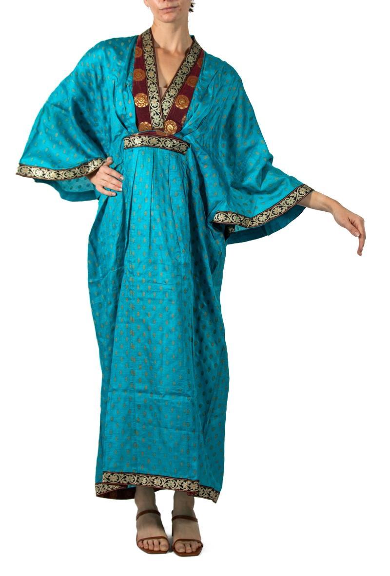 Morphew Collection Azure Blue & Gold Indian Sari Silk Butterfly Sleeve Kaftan D For Sale 2