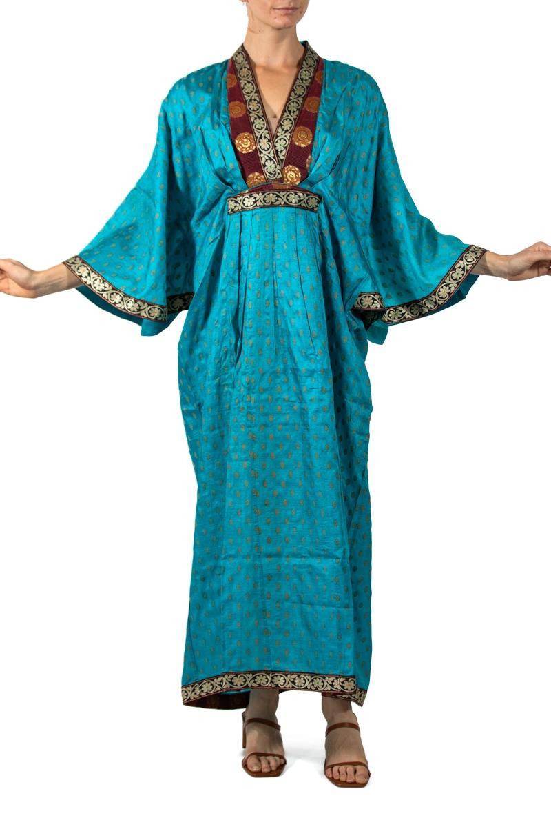 Morphew Collection Azure Blue & Gold Indian Sari Silk Butterfly Sleeve Kaftan D For Sale 3