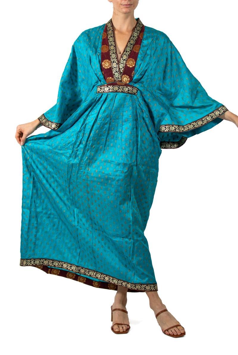 Morphew Collection Azure Blue & Gold Indian Sari Silk Butterfly Sleeve Kaftan D For Sale 4