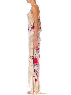 MORPHEW ATELIER Beige Bias Cut Fringed Dress Made From 1920S Hand-Embroidered S