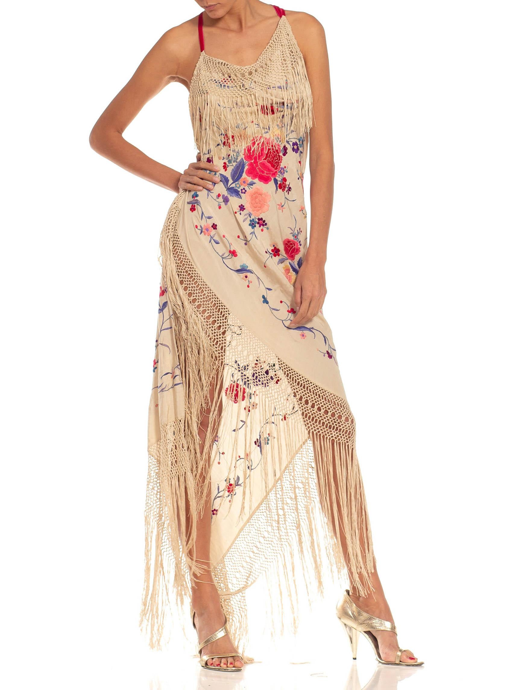 Women's MORPHEW ATELIER Beige Bias Cut Fringed Dress Made From 1920S Hand-Embroidered S For Sale