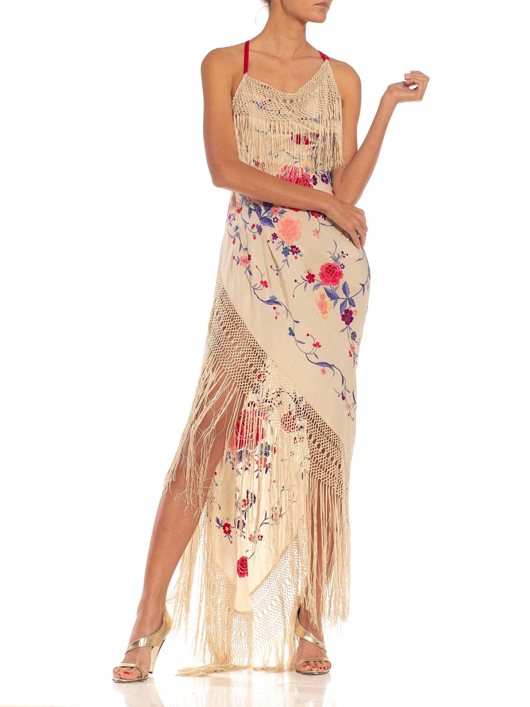 MORPHEW ATELIER Beige Bias Cut Fringed Dress Made From 1920S Hand-Embroidered S For Sale 2