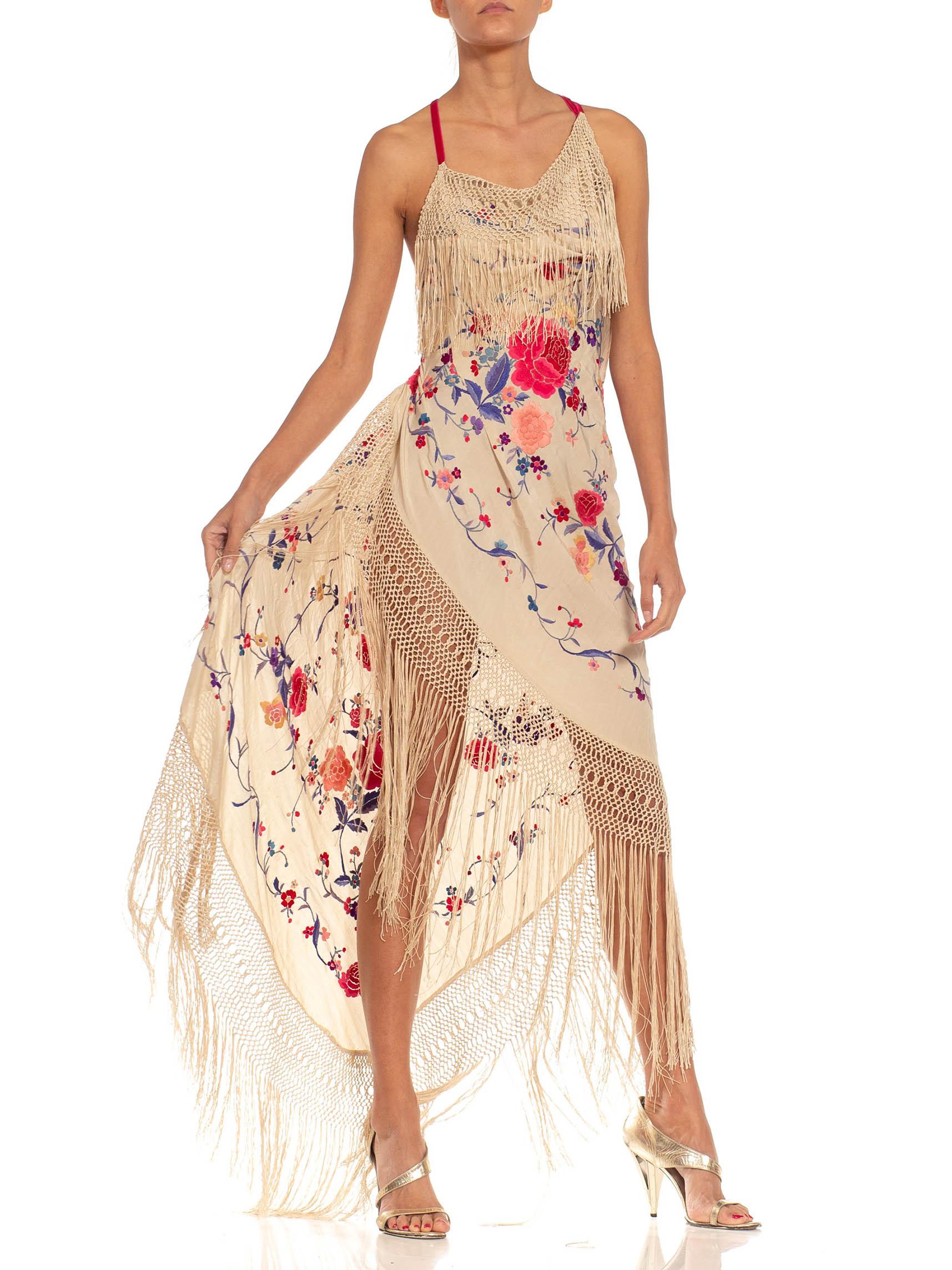 MORPHEW ATELIER Beige Bias Cut Fringed Dress Made From 1920S Hand-Embroidered S For Sale 3
