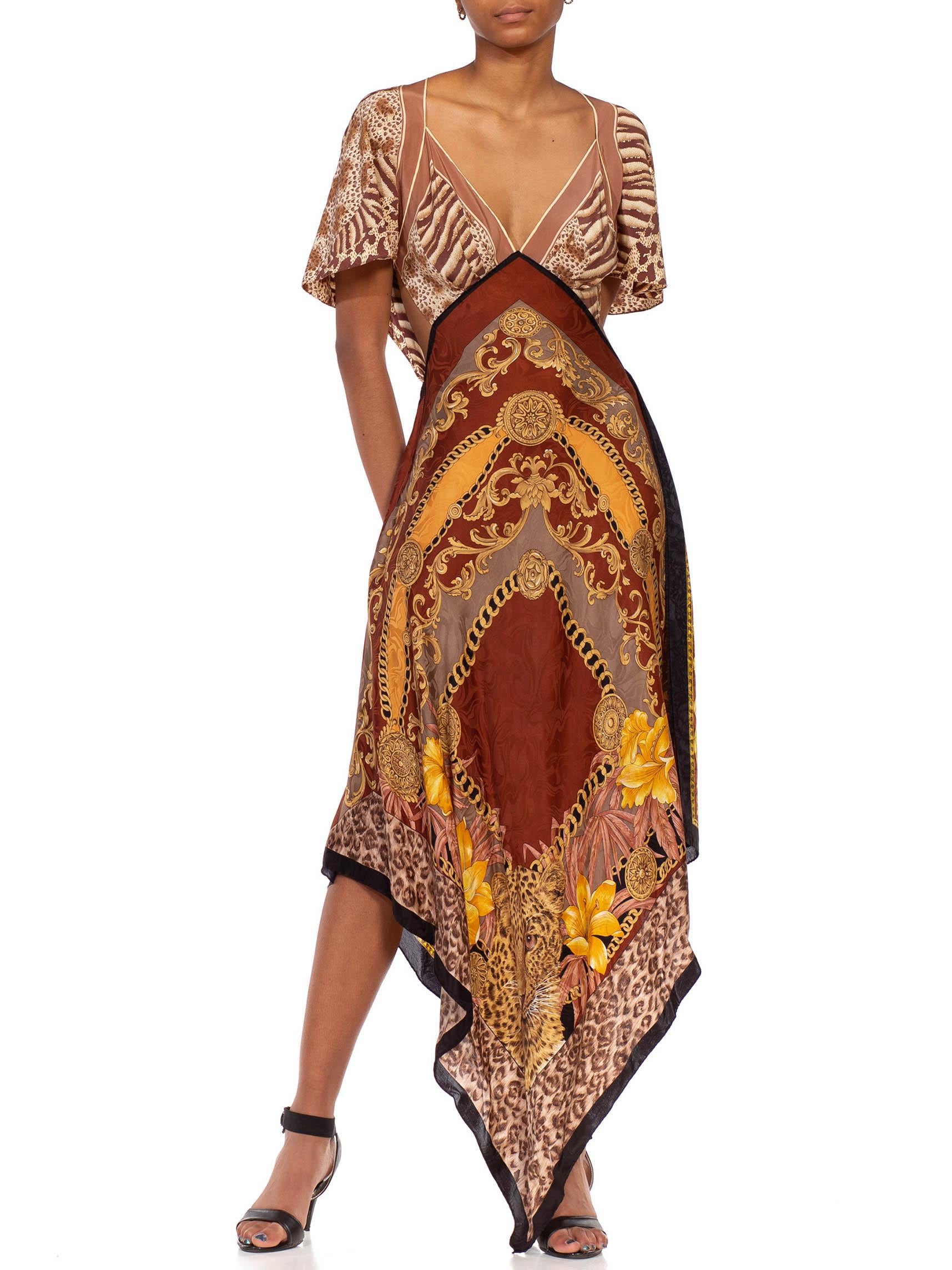 Women's MORPHEW COLLECTION Beige & Brown Silk Twill Animal Versace Style Print 3-Scarf 