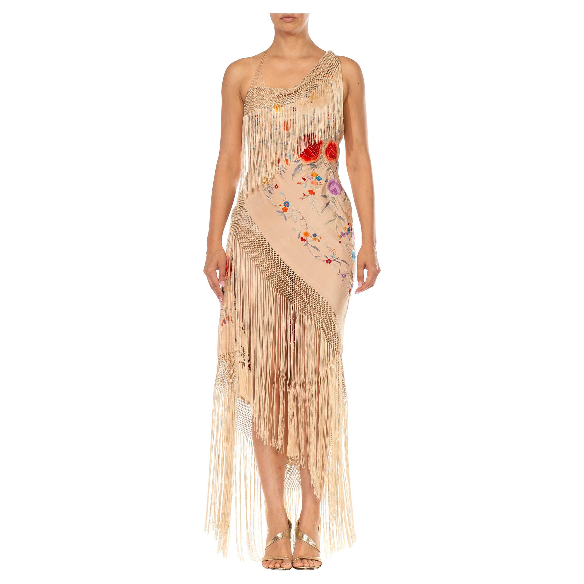 MORPHEW COLLECTION Blush Pink Bias Cut Silk Floral Hand Embroidered Gown With F