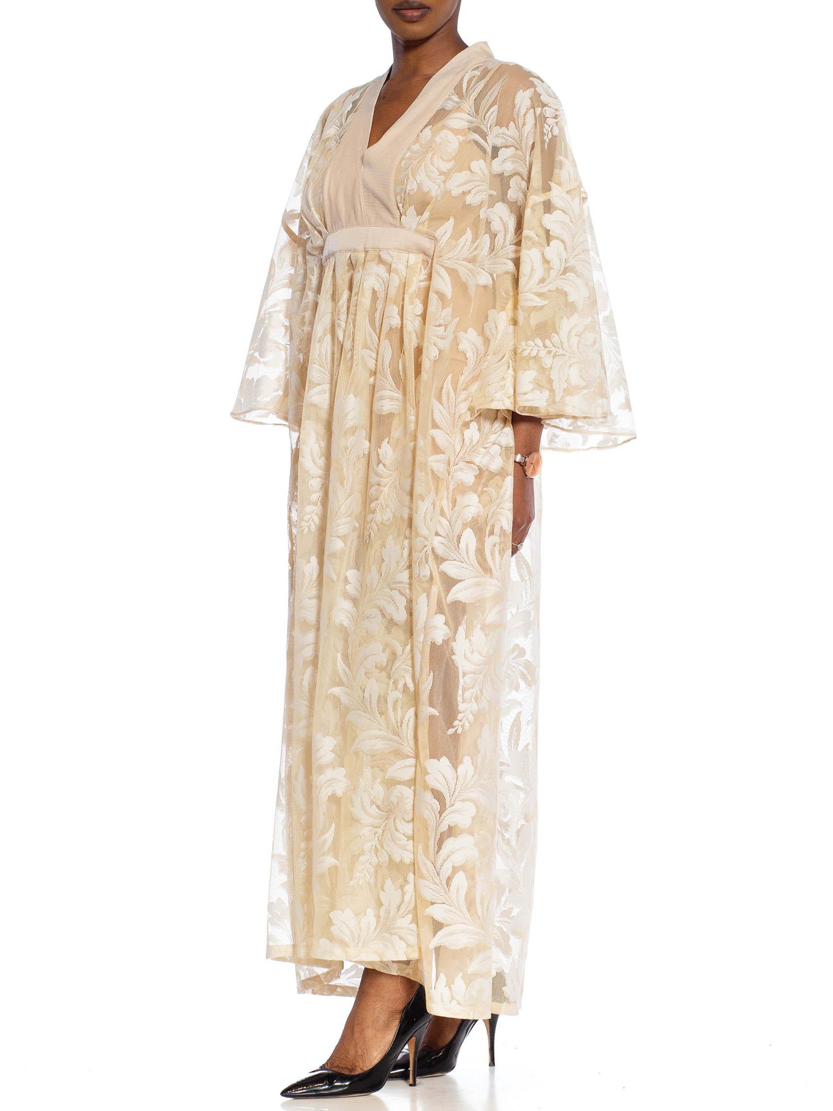 MORPHEW COLLECTION Beige Poly/Nylon Tropical Foliage Lace Kaftan For Sale 4