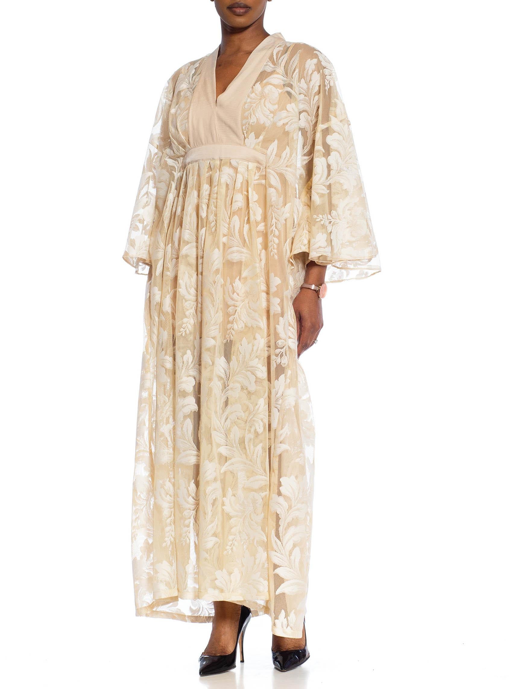MORPHEW COLLECTION Beige Poly/Nylon Tropical Foliage Lace Kaftan For Sale 3