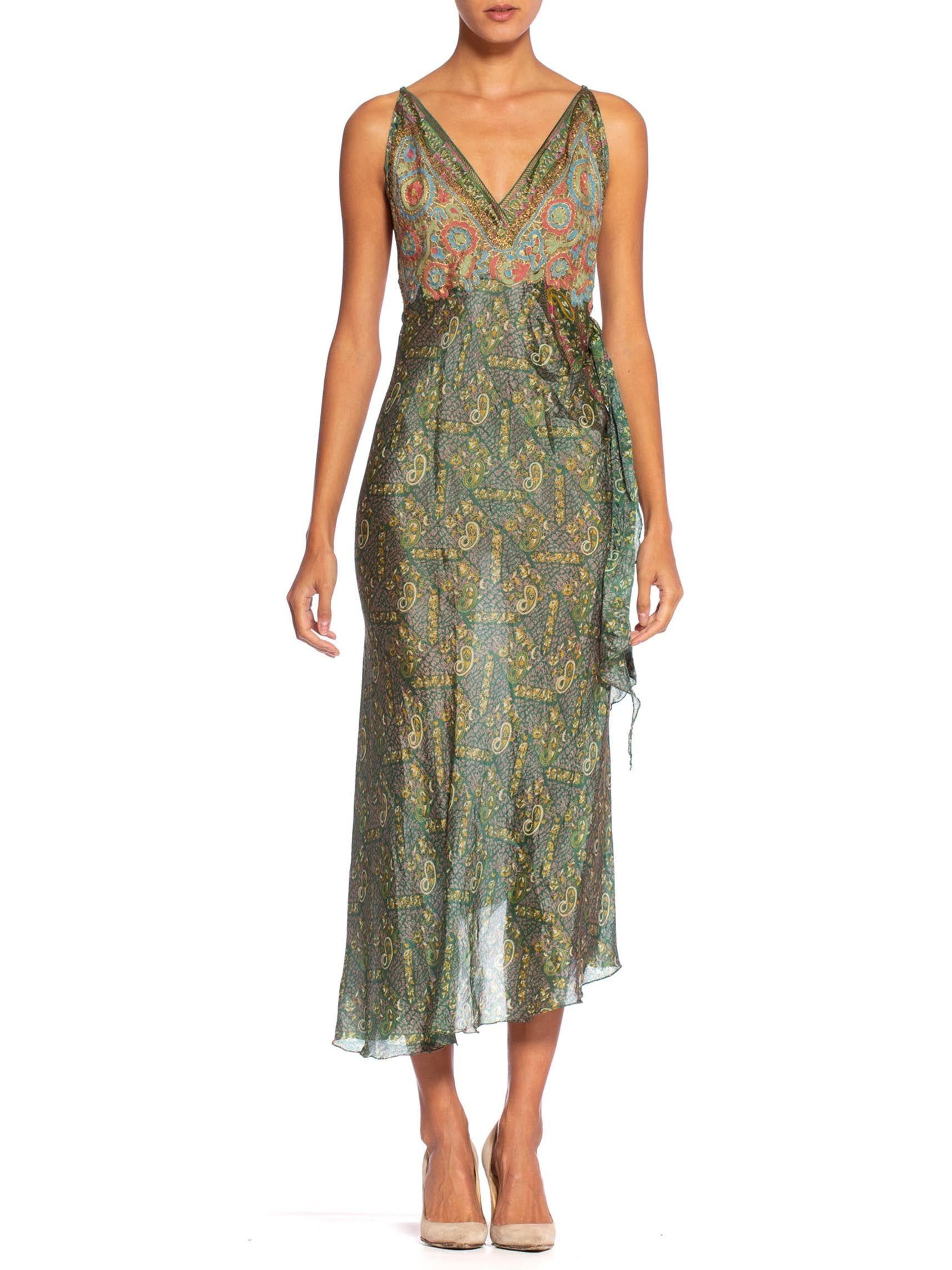 Morphew Collection Bias Backless Indian Print Dress With Edwardian Metallic Embroidery