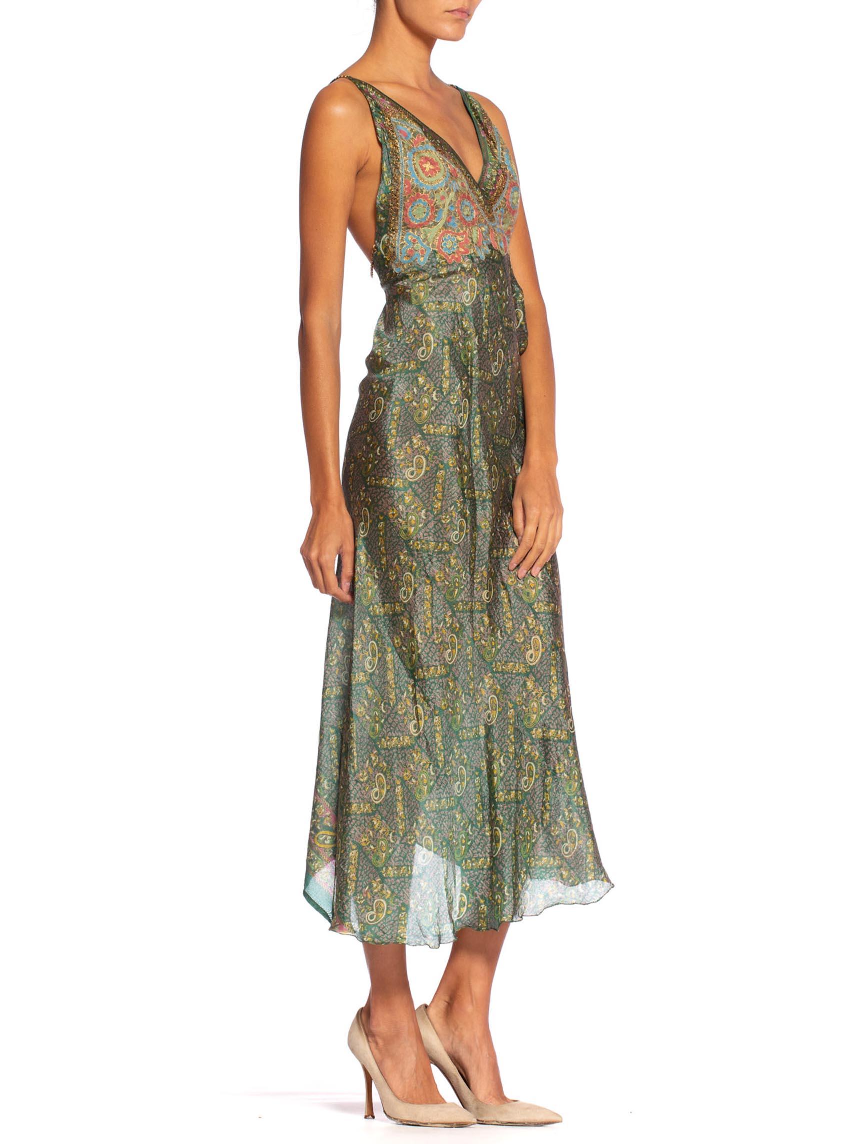Morphew Collection Bias Backless Indian Print Dress With Edwardian Metallic In Excellent Condition In New York, NY