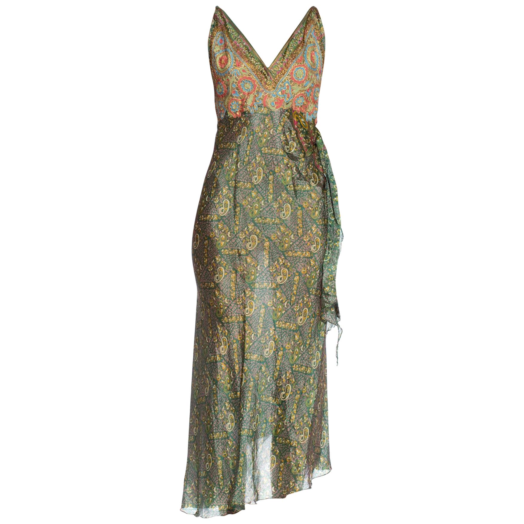 Morphew Collection Bias Backless Indian Print Dress With Edwardian Metallic