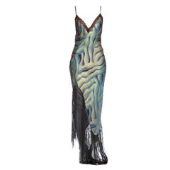 MORPHEW COLLECTION Blaues & schwarzes schräg geschnittenes Lamé-Kleid aus Seide und Metall mit antiken Details