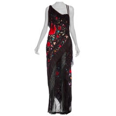 MORPHEW COLLECTION Black Silk Bias Cut Hand Embroidered 1920'S Piano Shawl Gow