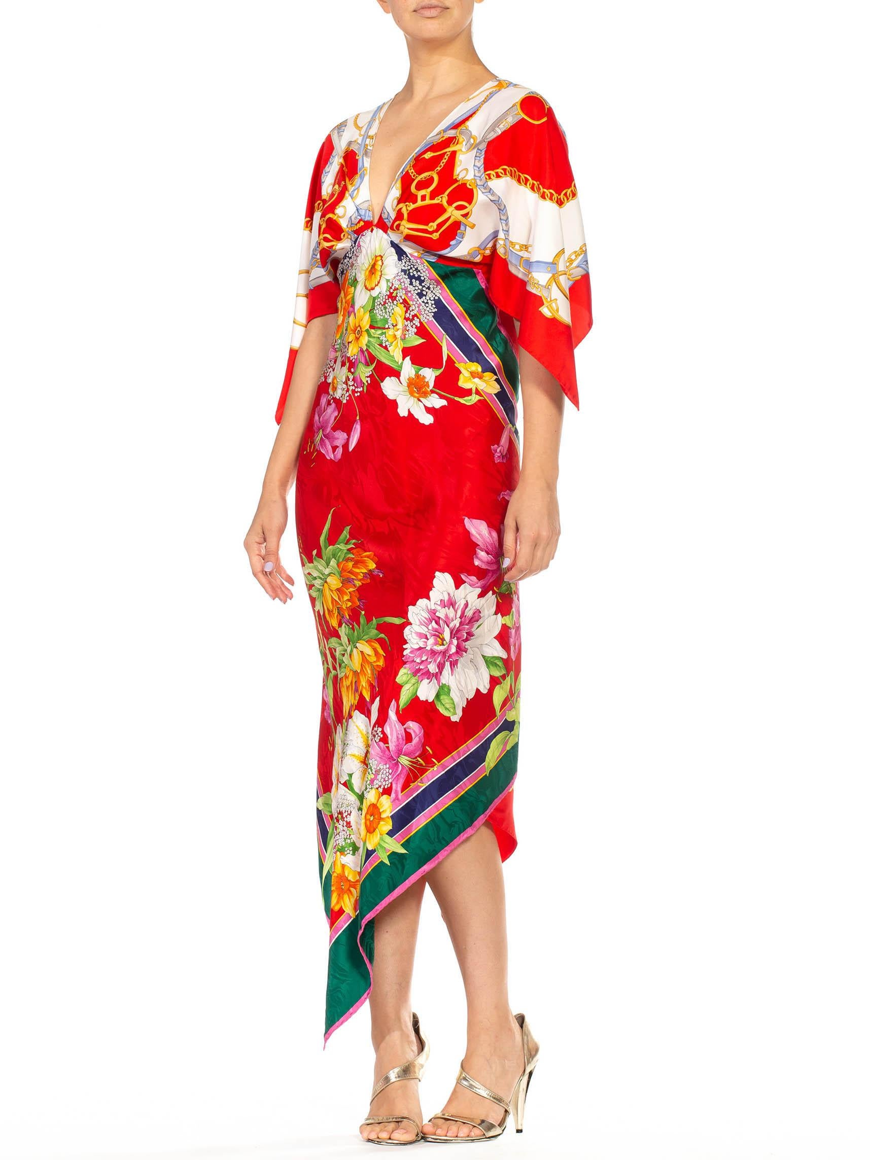 MORPHEW COLLECTION Bias Cut Silk Floral & Status Print Two-Scarf Dress In Excellent Condition In New York, NY