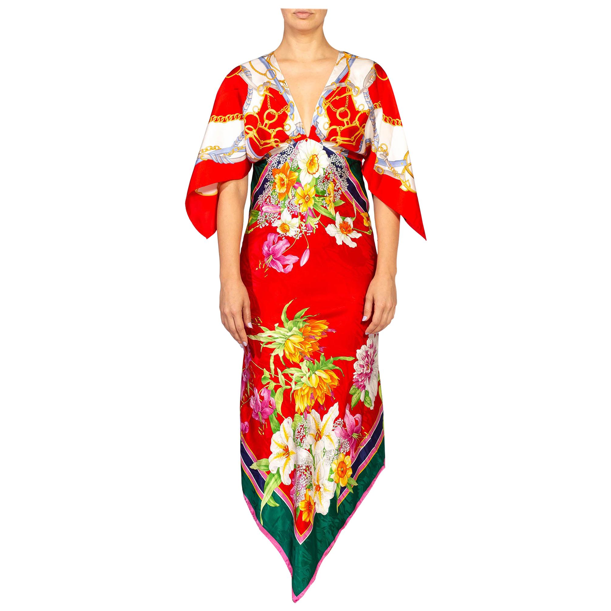 MORPHEW COLLECTION Bias Cut Silk Floral & Status Print Two-Scarf Dress