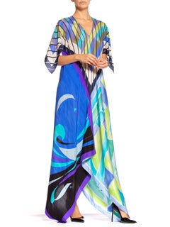 MORPHEW COLLECTION Blue & Purple Silk  Bias Cut Geometric Scarf Dress Kaftan