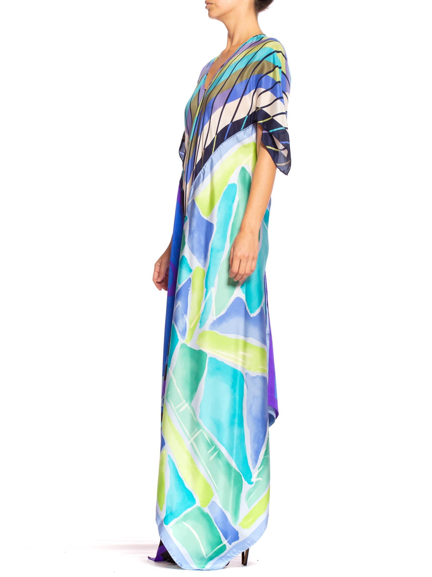 MORPHEW COLLECTION Blue & Purple Silk  Bias Cut Geometric Scarf Dress Kaftan 1