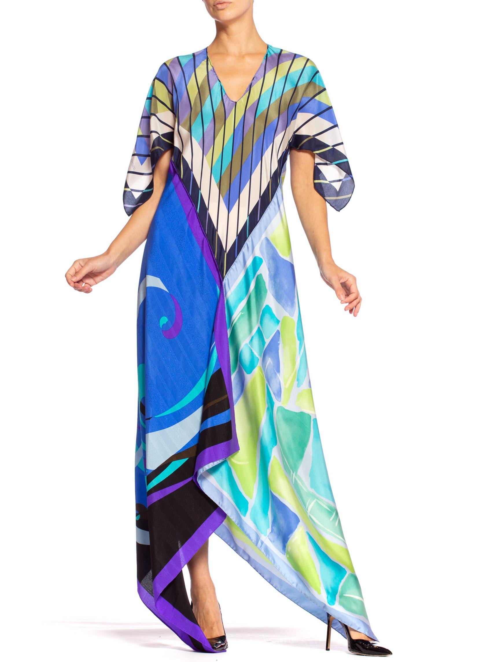 MORPHEW COLLECTION Blue & Purple Silk  Bias Cut Geometric Scarf Dress Kaftan 3