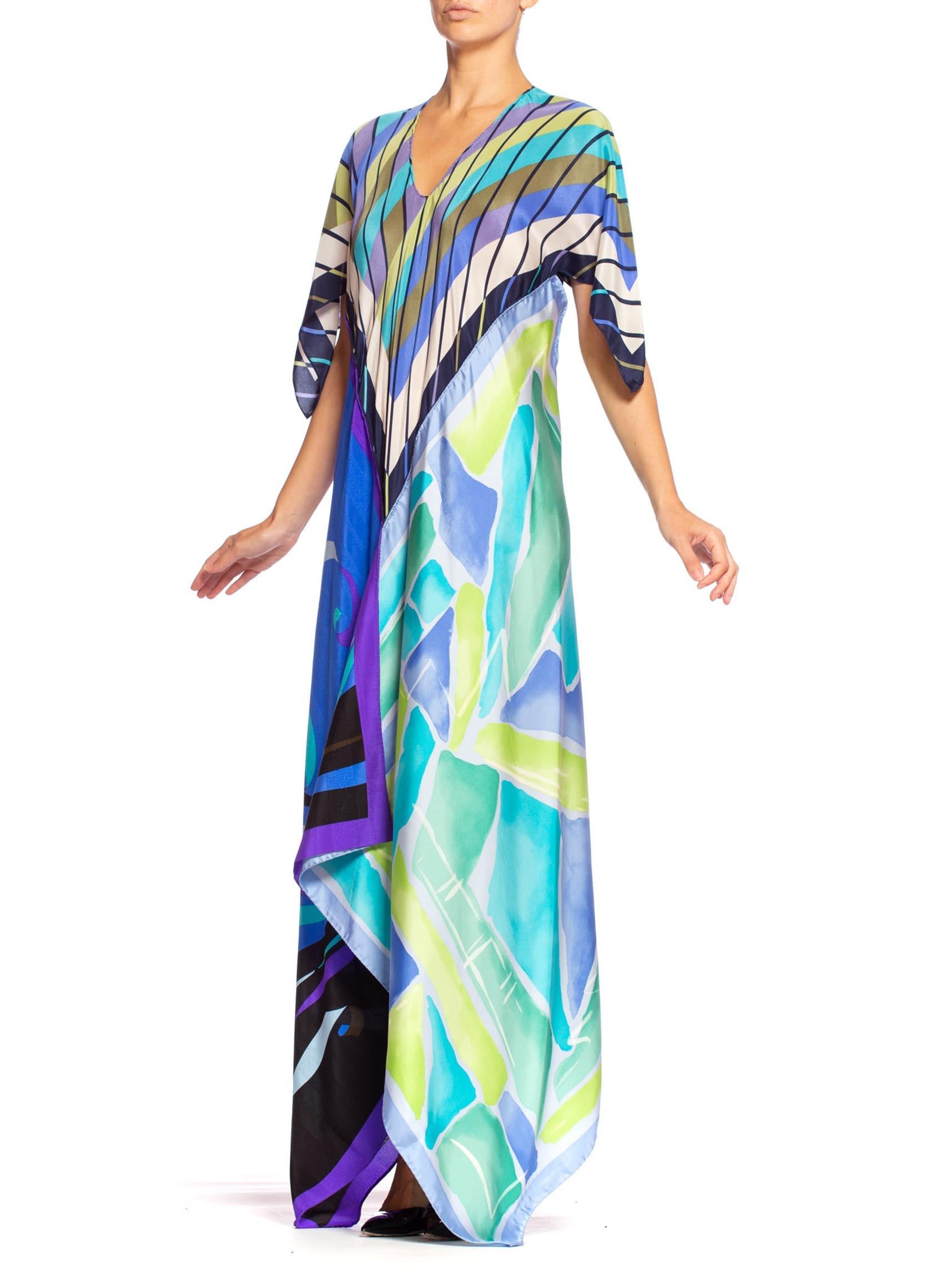 MORPHEW COLLECTION Blue & Purple Silk  Bias Cut Geometric Scarf Dress Kaftan 5