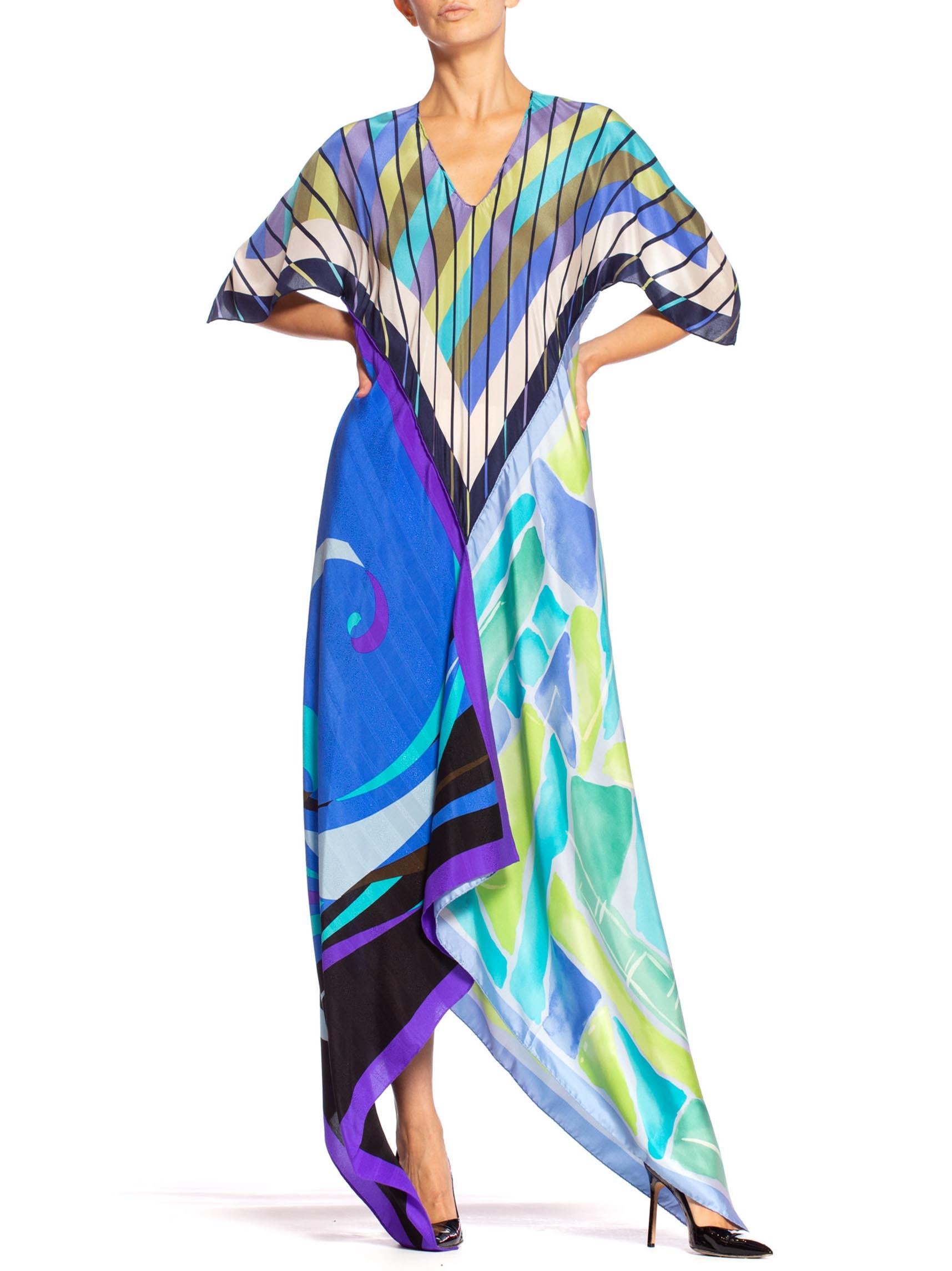 MORPHEW COLLECTION Blue & Purple Silk  Bias Cut Geometric Scarf Dress Kaftan 6