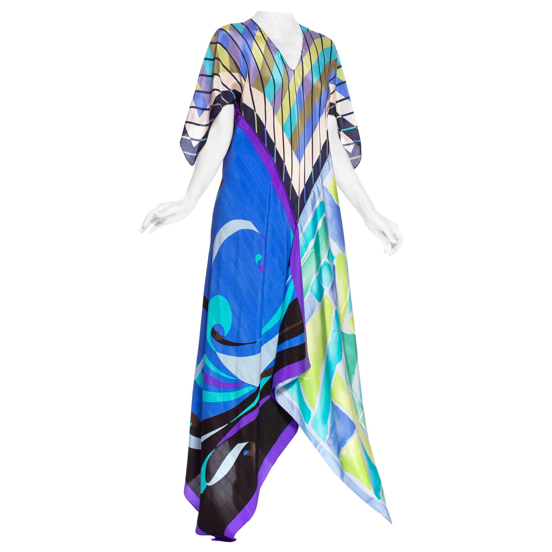 MORPHEW COLLECTION Blue & Purple Silk  Bias Cut Geometric Scarf Dress Kaftan
