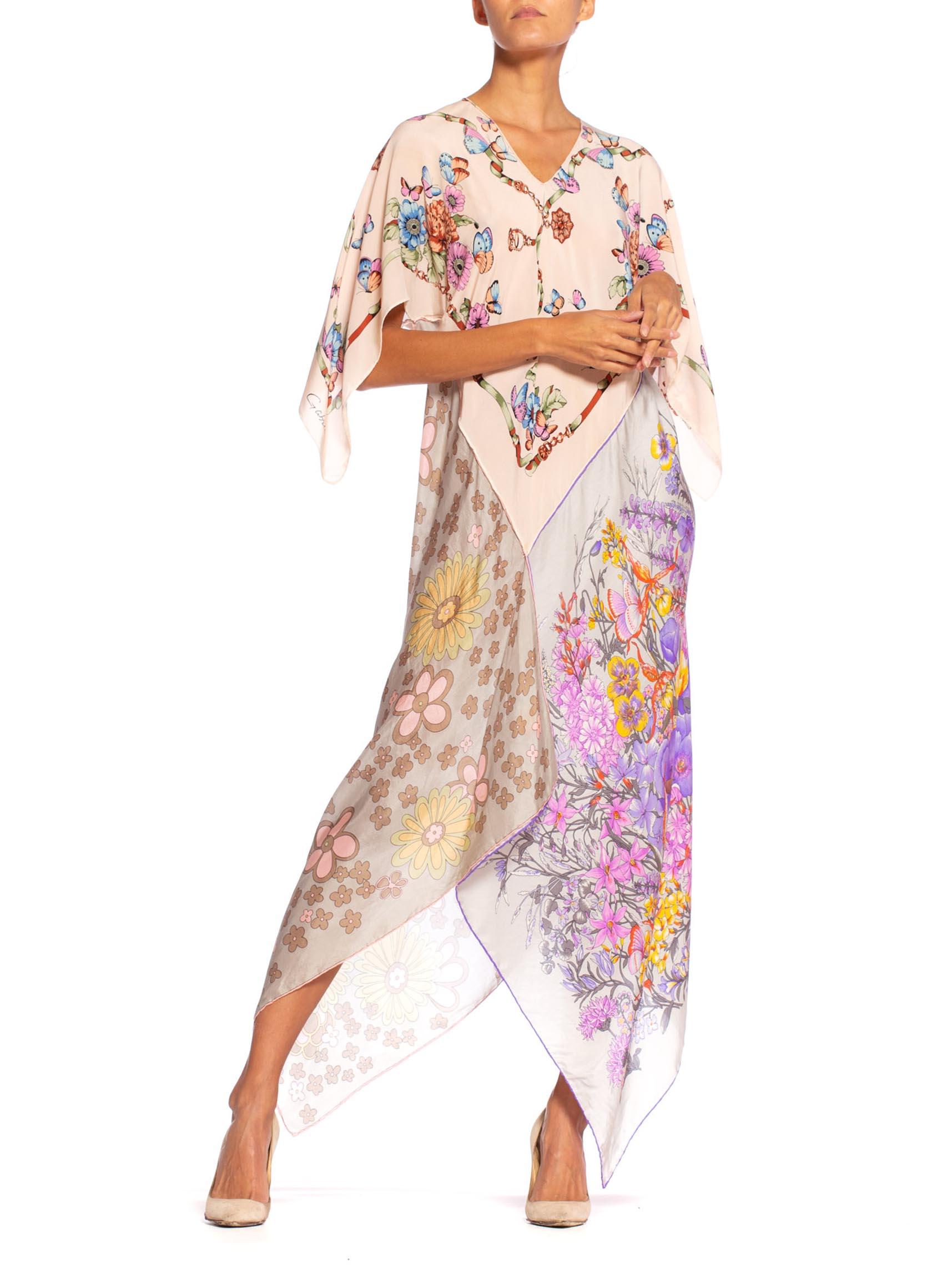 Beige MORPHEW COLLECTION Floral Butterfly Printed Silk Bias Cut Kaftan Scarf Dress