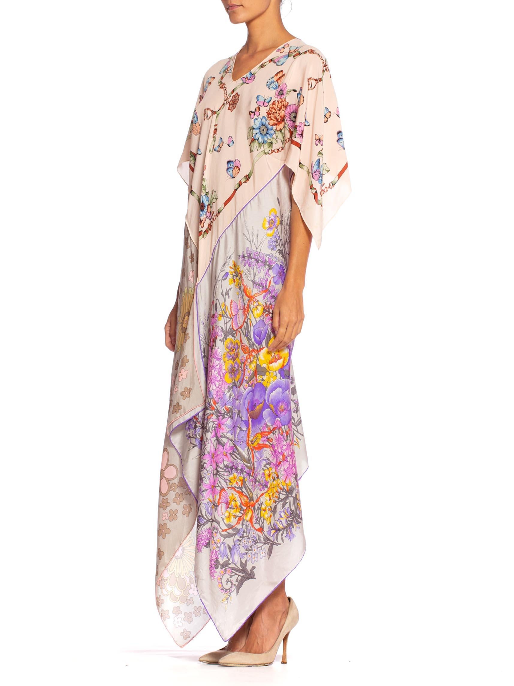MORPHEW COLLECTION Floral Butterfly Printed Silk Bias Cut Kaftan Scarf Dress In Excellent Condition In New York, NY