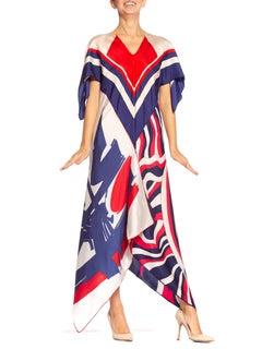 MORPHEW COLLECTION Red, White & Blue Bias Cut Silk Kaftan 1970S Scarf Dress